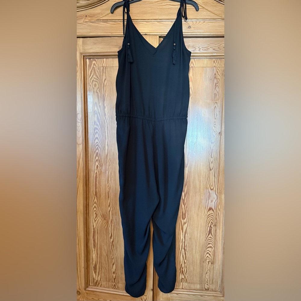 J.Crew Black V-Neck Sleeveless Wide Leg Jumpsuit Tassel Straps L